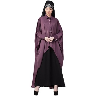 Designer Shirt style Kaftan with inner abaya- Purple-Black